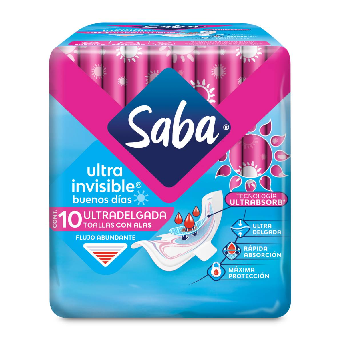 Toallas Femeninas Saba Ultra Invisible con Alas 10 piezas